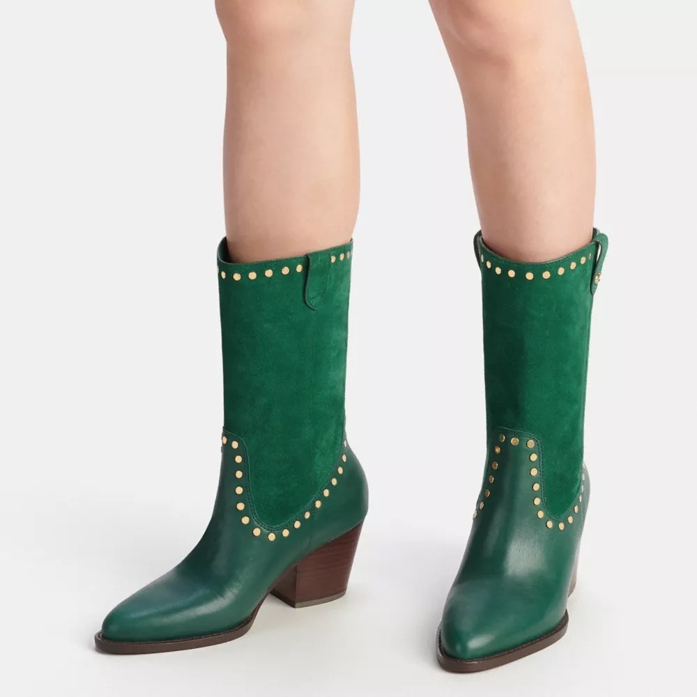 Coach Pheobe Green Heeled Western Boots with Gold Studs